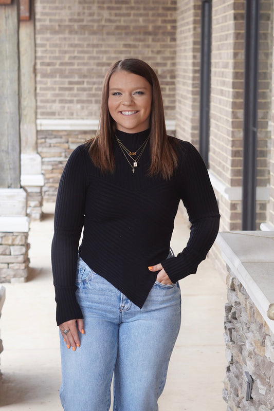 Ashton Asymmetrical Long Sleeve Top, Mock Neckline, Long Sleeves, Asymmetrical, Knit, Color:Black, fitted. 