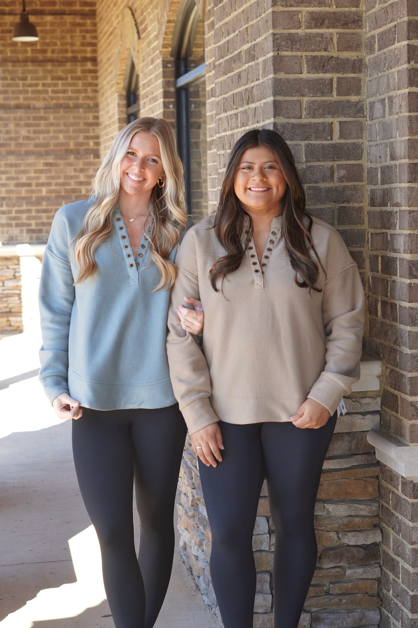 Long Sleeve Soft Pullover, Split Neckline
Full Length, Relaxed Fit, Dusty Teal, Taupe