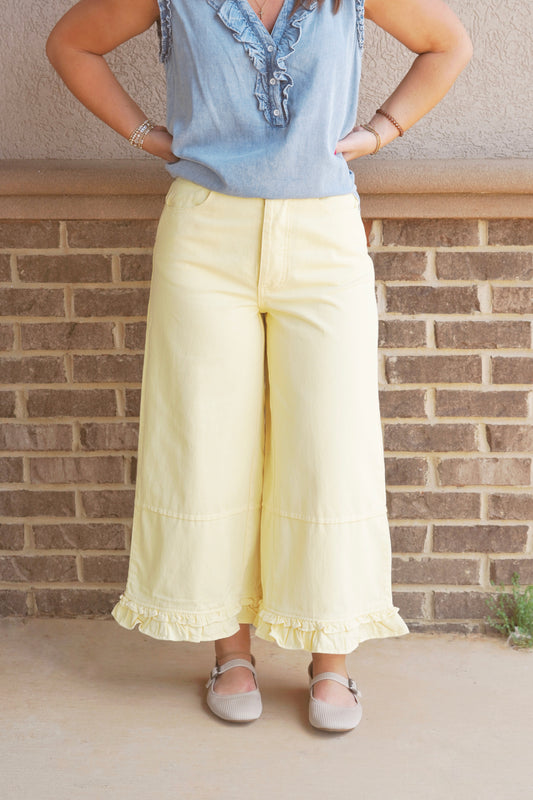 Yellow Ruffle Hem Pants, Wide Leg. 