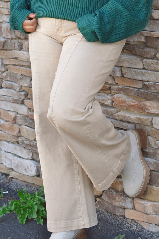 Latte High Rise-Crop Wide Leg Jeans, Button/Zipper Closure, Cropped, Pockets, Wide Leg, Color: Latte, Inseam: 26.5"