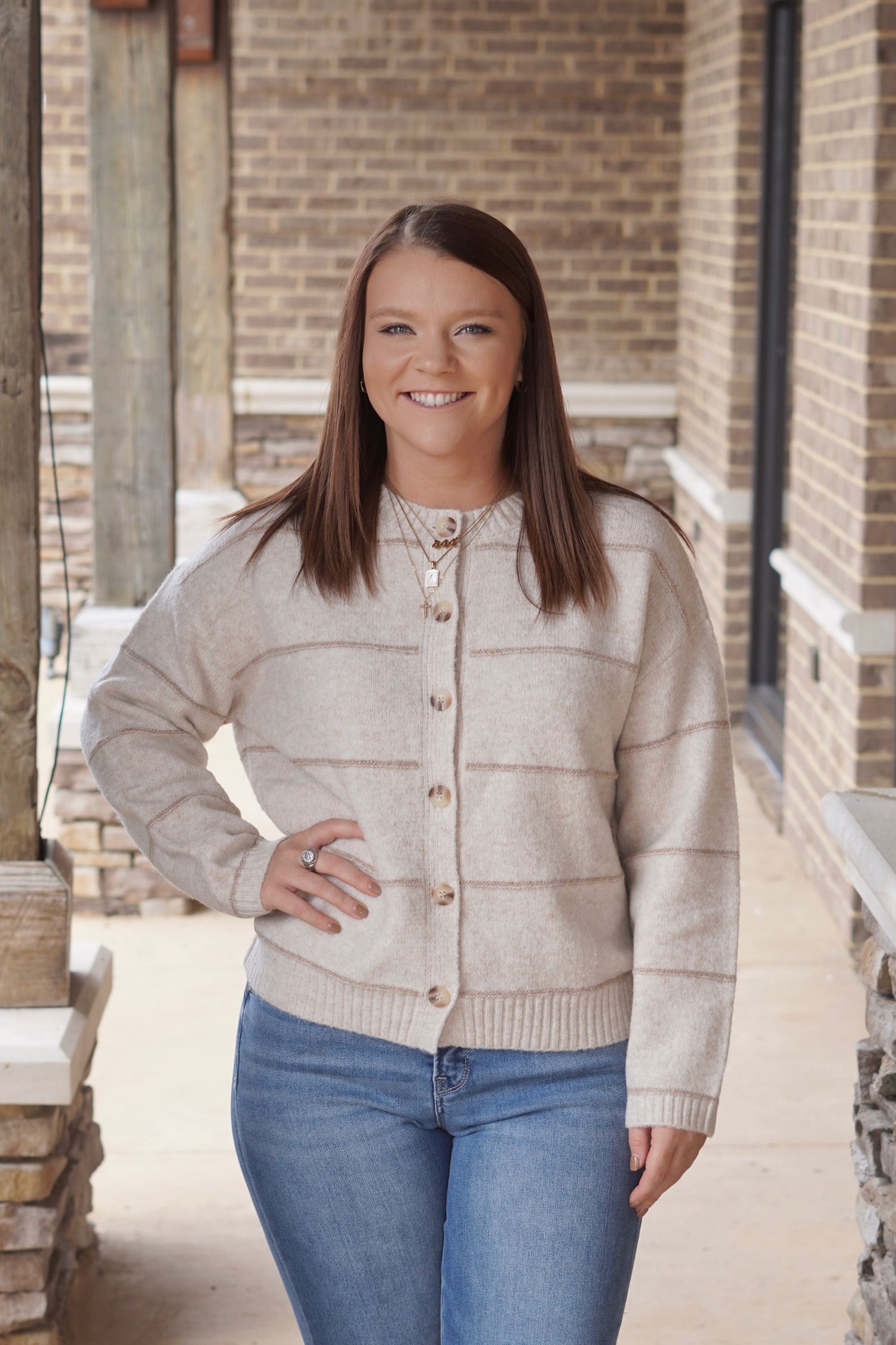 Blaise Button Down Long Sleeve Cardigan, Round Neckline, Long Sleeves, Striped, Color: Oatmeal, Relaxed Fit