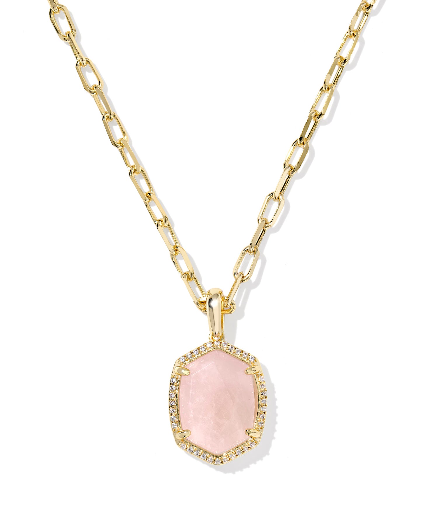 Gold Pave Frame Short Pendant chain necklace with pink pendant 