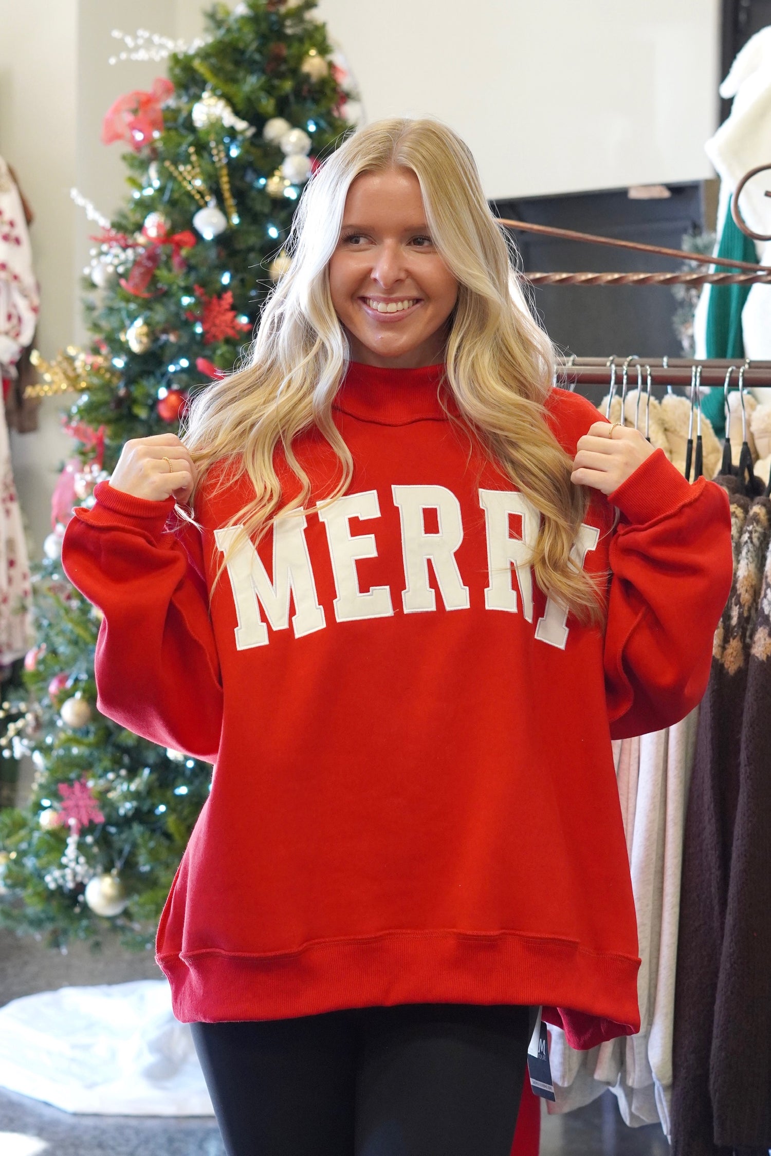"Merry" Red Mock Neck Pullover, Long Sleeves, Full Length, Oversized, Merry Embroidered, Red