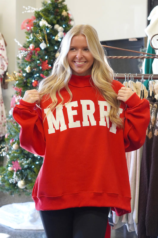 "Merry" Red Mock Neck Pullover, Long Sleeves, Full Length, Oversized, Merry Embroidered, Red