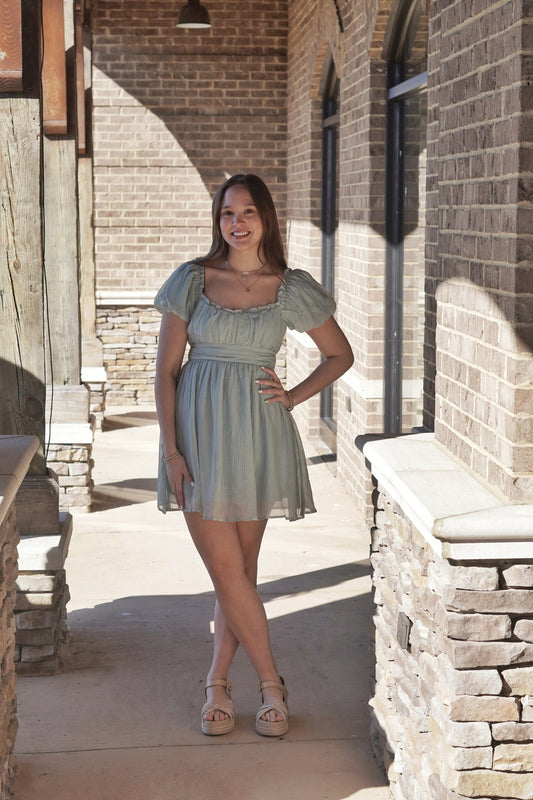 Mint Dress, Puffed Short Sleeve, Ruffled Round Neckline, Bow Back Detail, Mid Thigh Length, Snitch At Waist 