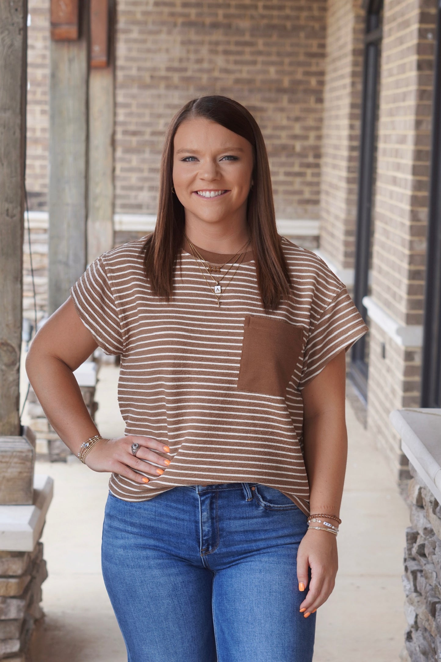 CoCo Striped Short Sleeve Top, Round Neckline, Shorts Sleeves, Striped, Color: Coco, Relaxed Fit, Pocket