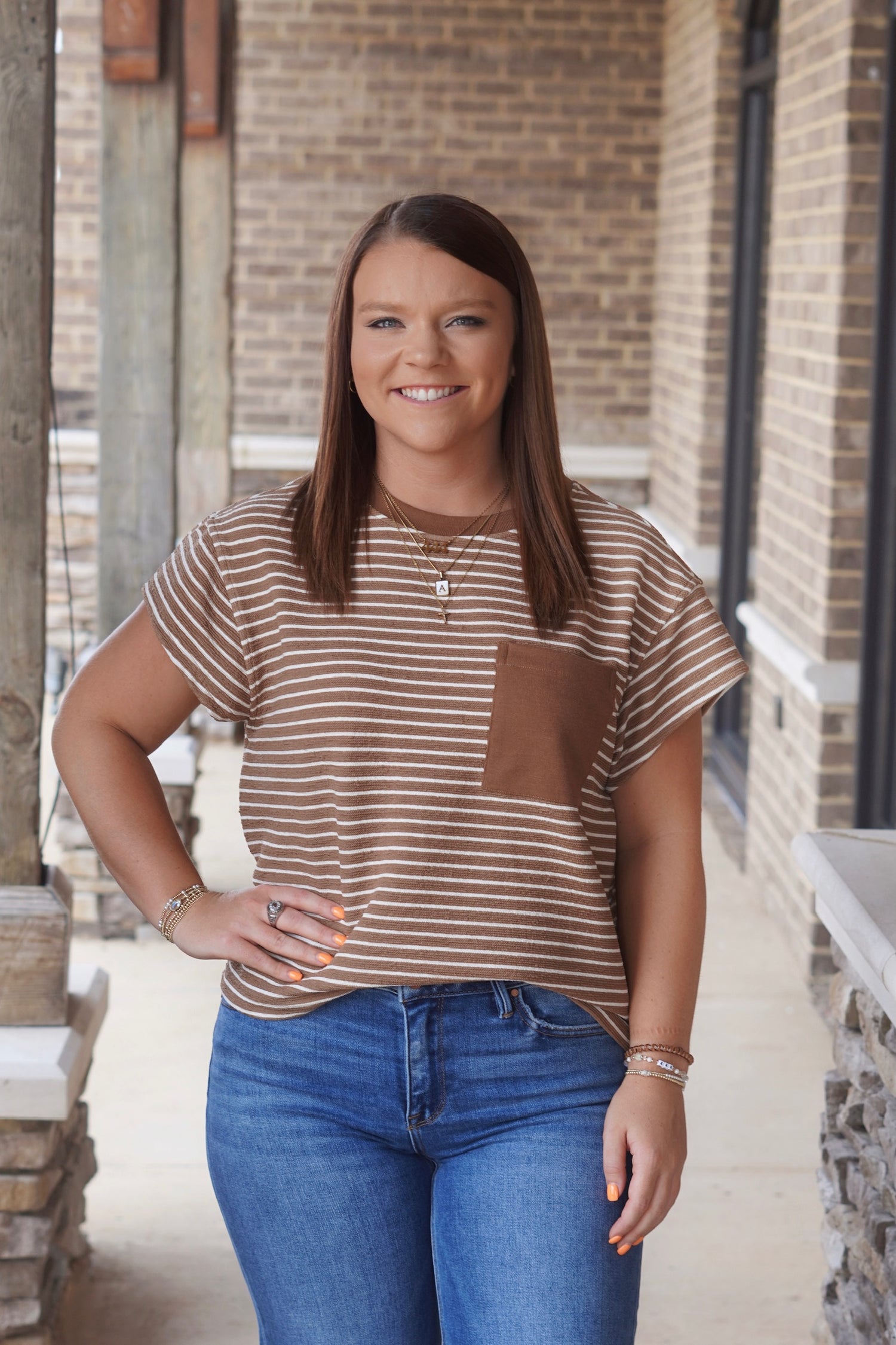 CoCo Striped Short Sleeve Top, Round Neckline, Shorts Sleeves, Striped, Color: Coco, Relaxed Fit, Pocket