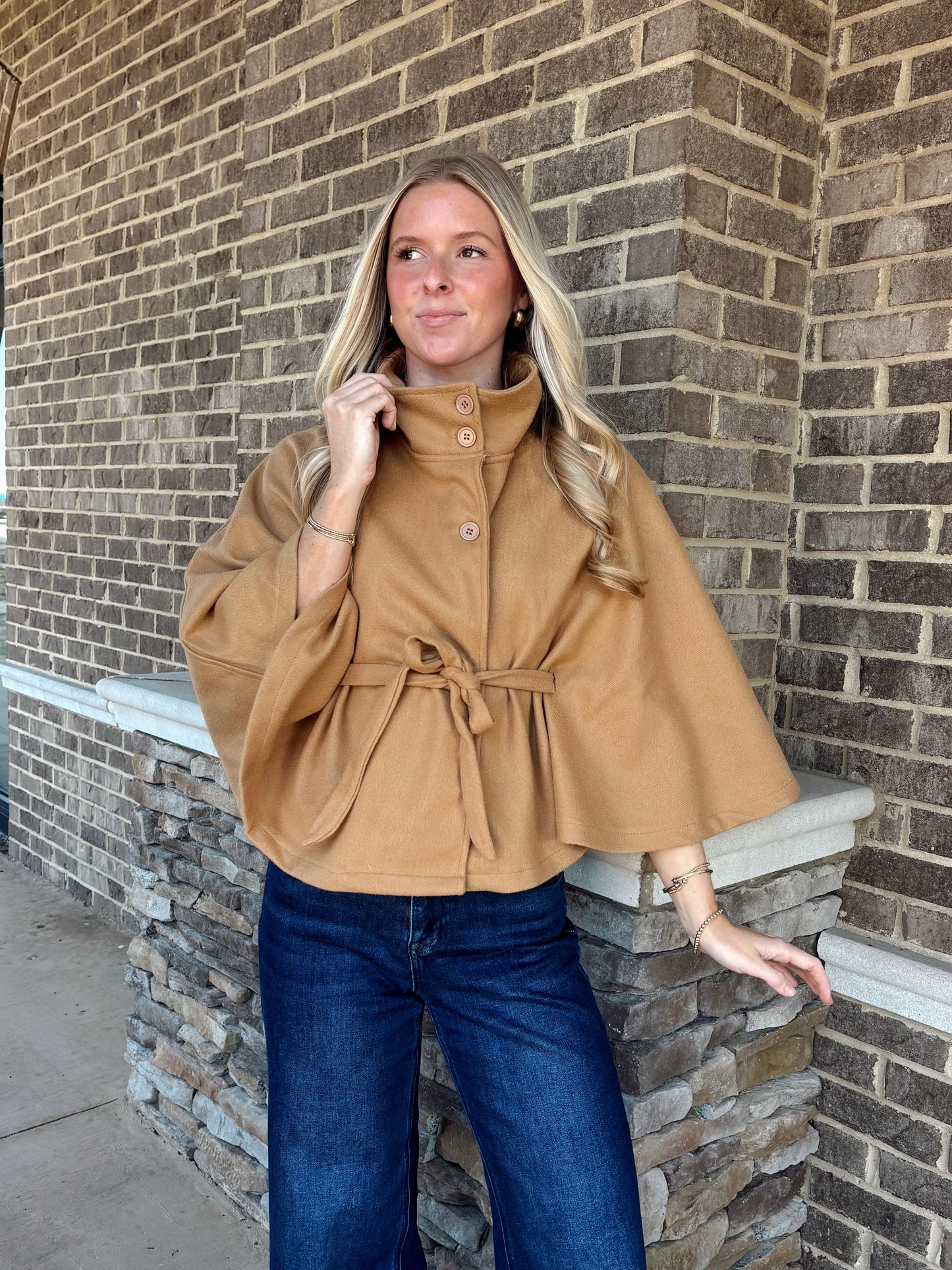 Luxe Khaki Mock Neck Belted Cape Coat