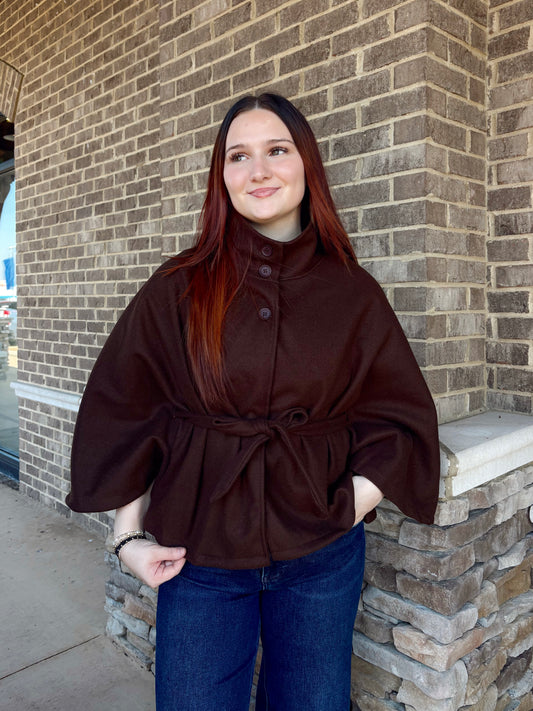 Luxe Mocha Mock Neck Belted Cape Coat