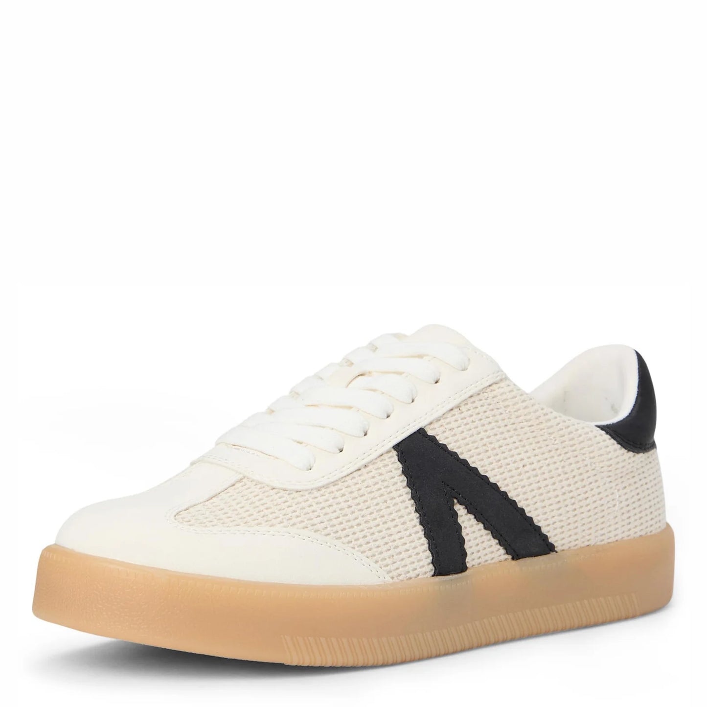 lace-up sneaker in off-white with a textured mesh upper, smooth faux leather trim, and black side stripe detail. Features a gum rubber sole and black heel tab, shown in a side angled view 