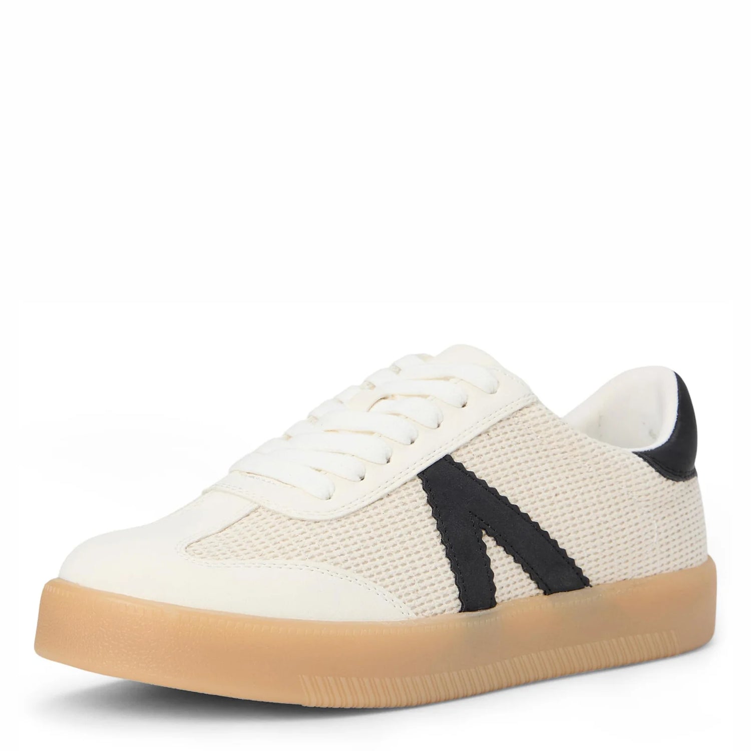 lace-up sneaker in off-white with a textured mesh upper, smooth faux leather trim, and black side stripe detail. Features a gum rubber sole and black heel tab, shown in a side angled view 