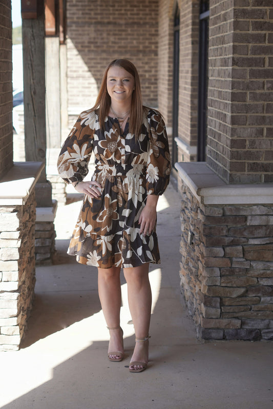 Brown Floral Cinched Waist Dress