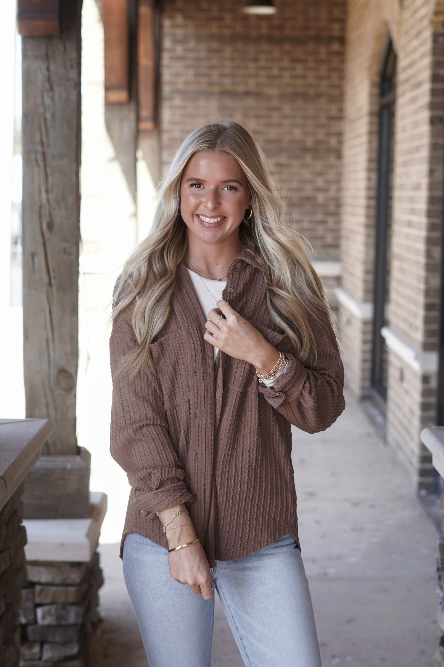 Cable Knit Shirt, Button Up, Collared, Button Sleeves, Full Length
Color: Brown
Fabric Content: 100% Polyester