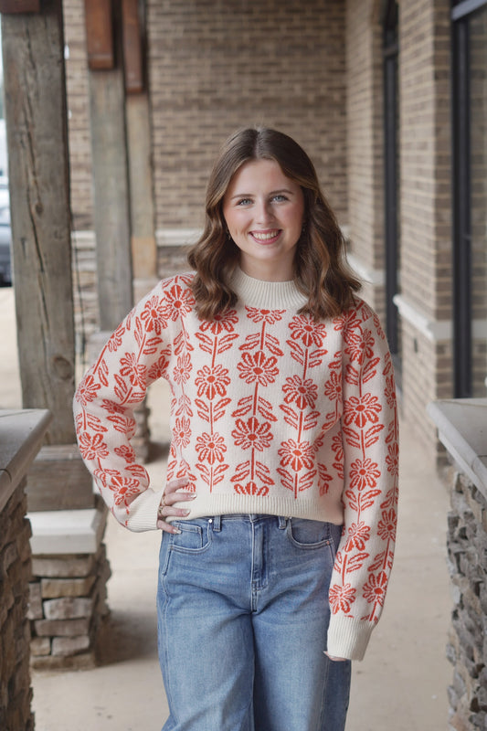 Flower Pattern Sweater. Crew Neckline. Long Sleeve. Flower Pattern. Cropped Length. Regular Fit
Colors: Tangerine
Fabric Content: 52% Acrylic, 35% Cotton, 13% Polyester