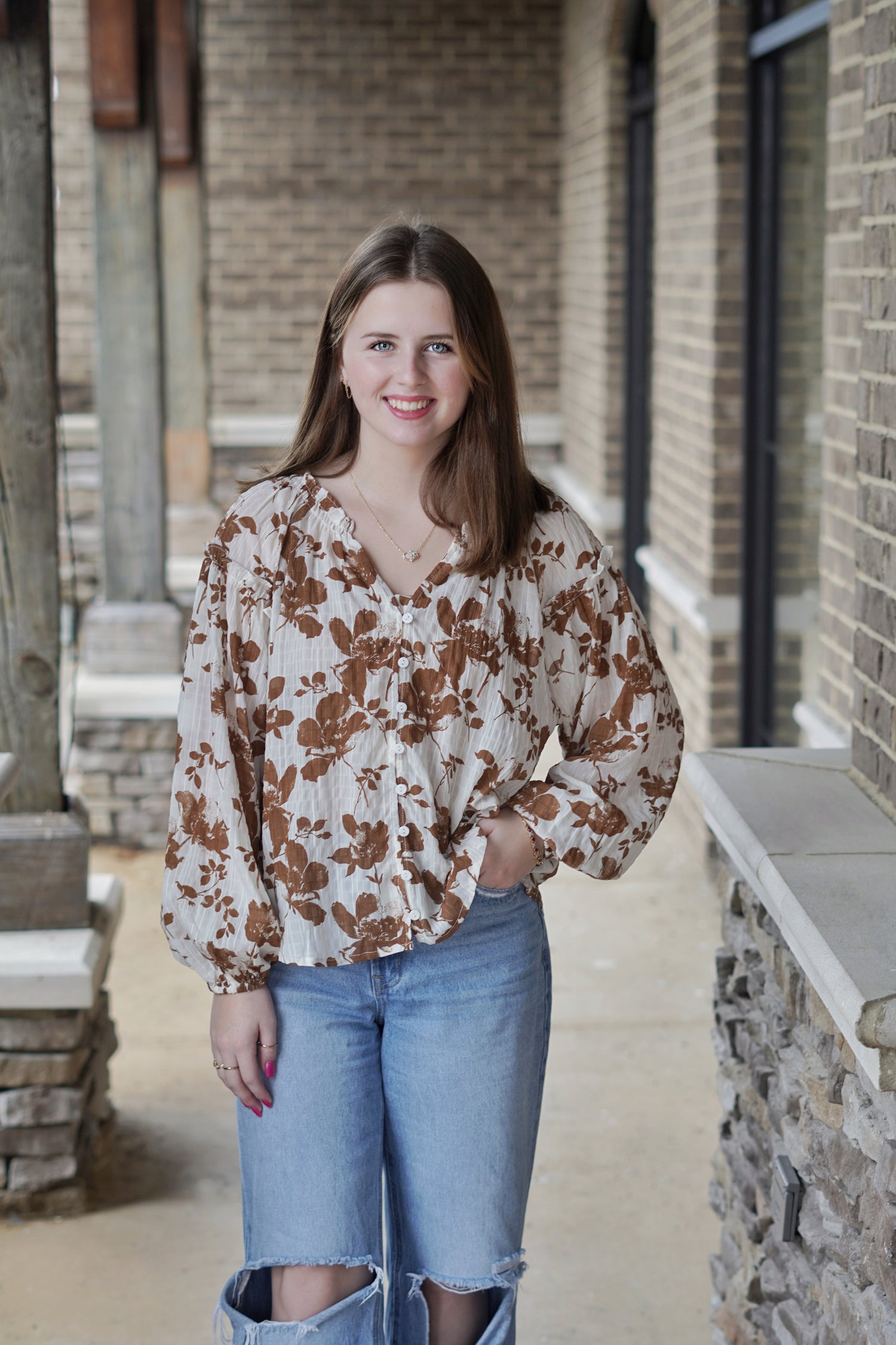 Fallon Floral Blouse. V Neck. Crinkle Long Sleeve. Functional Buttons. Full Length
Color: Brown
Fabric Content: 100% Polyester
Care Instructions: Hand Wash Cold, Do Not Bleach, Iron Low Heat, Line Dry