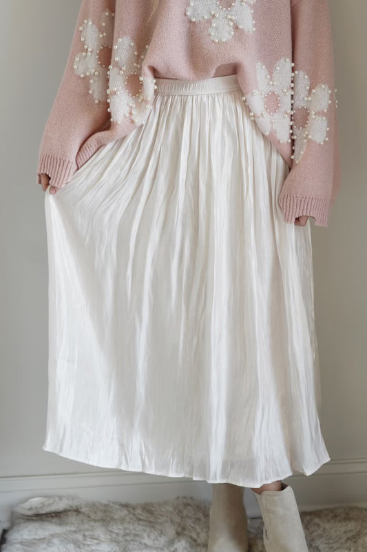 Dreamy Flowy Satin Skirt Elastic Waistband Crinkled Skirt Colors: Cream Midi Skirt Length Flowy Fit 100% Polyester Lining, 100% Polyester.