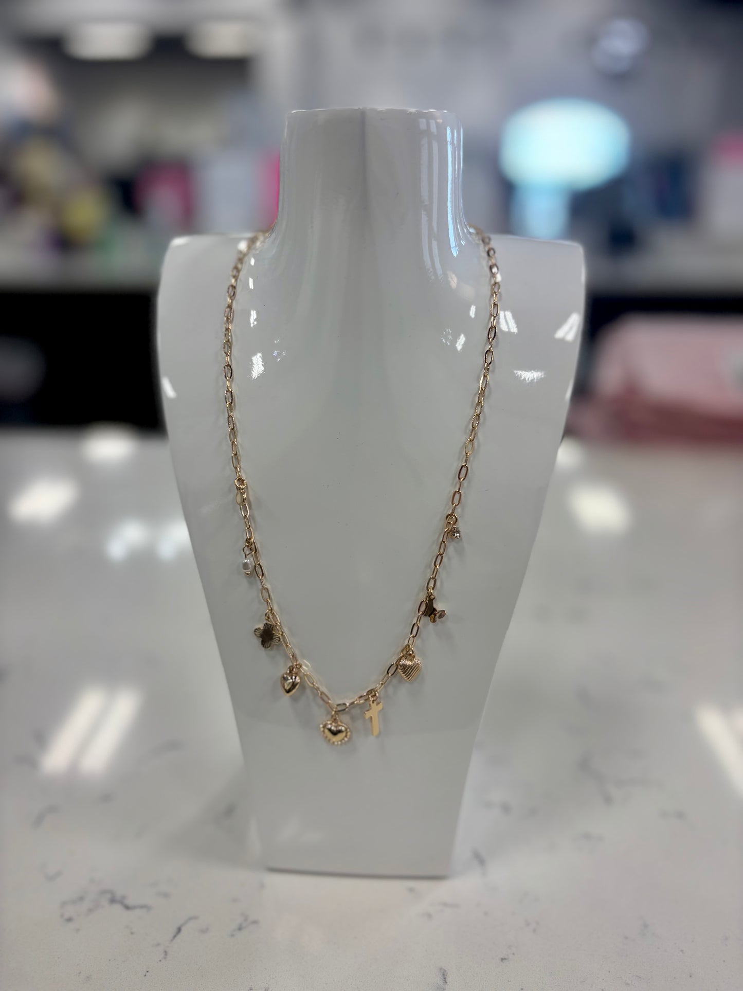 Gold Chain with Heart, Cross, Clover Charm 16"-18" Necklace