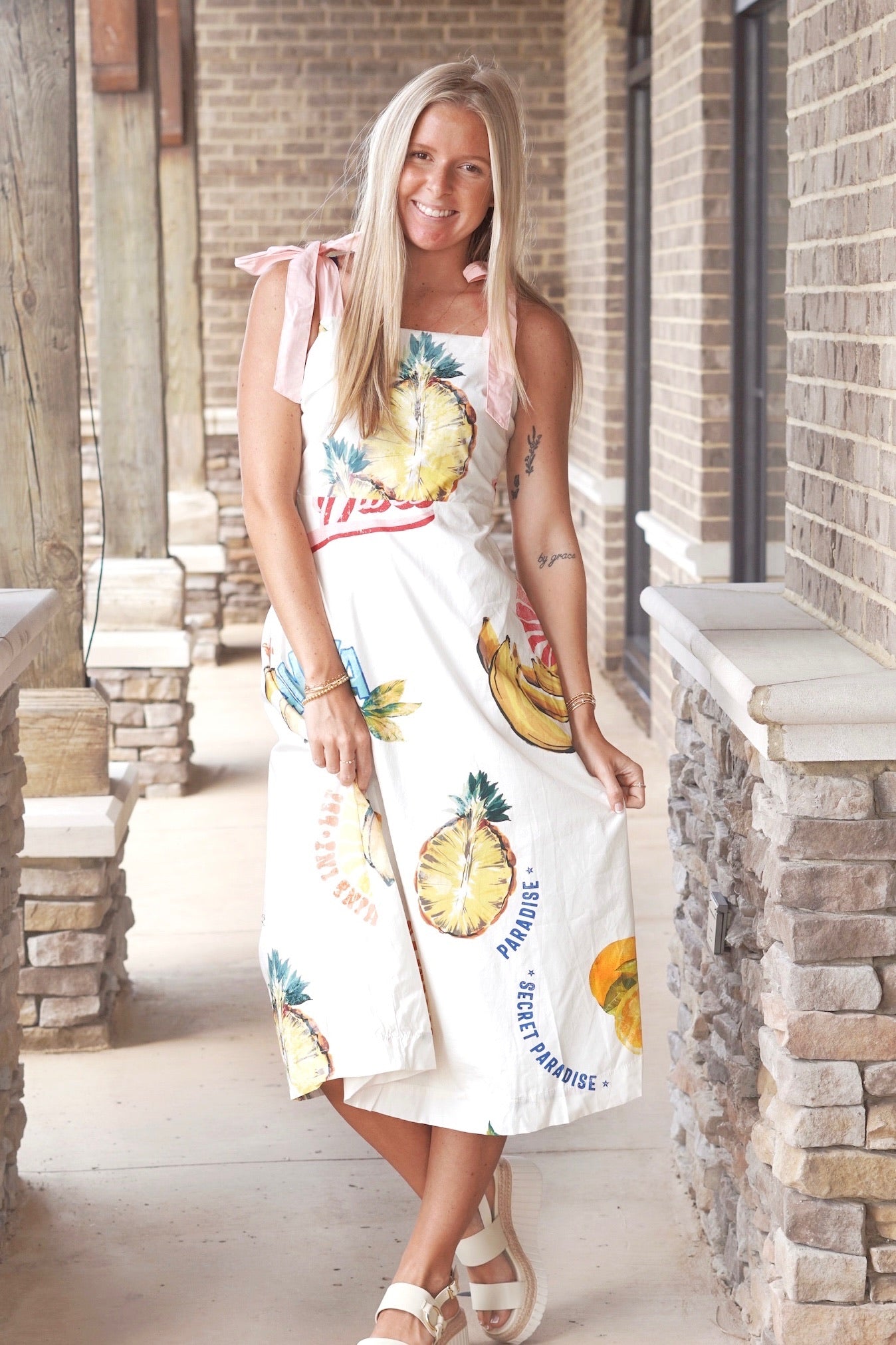Tropical fruit midi dress, cream dress with different fruits and tropical sayings printed on it, pink tie straps