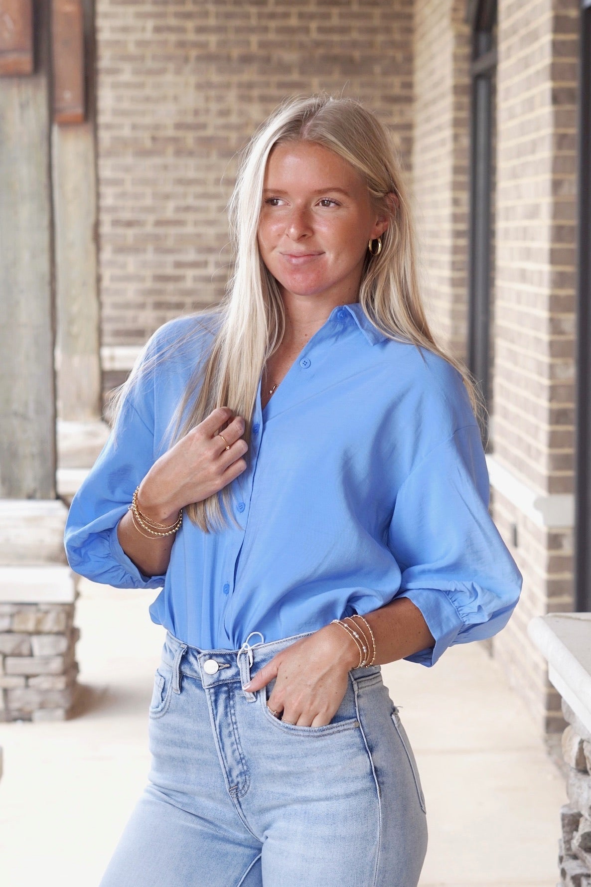 Blue collared top, puff sleeve, 3/4 length sleeve, button down, relaxed fit