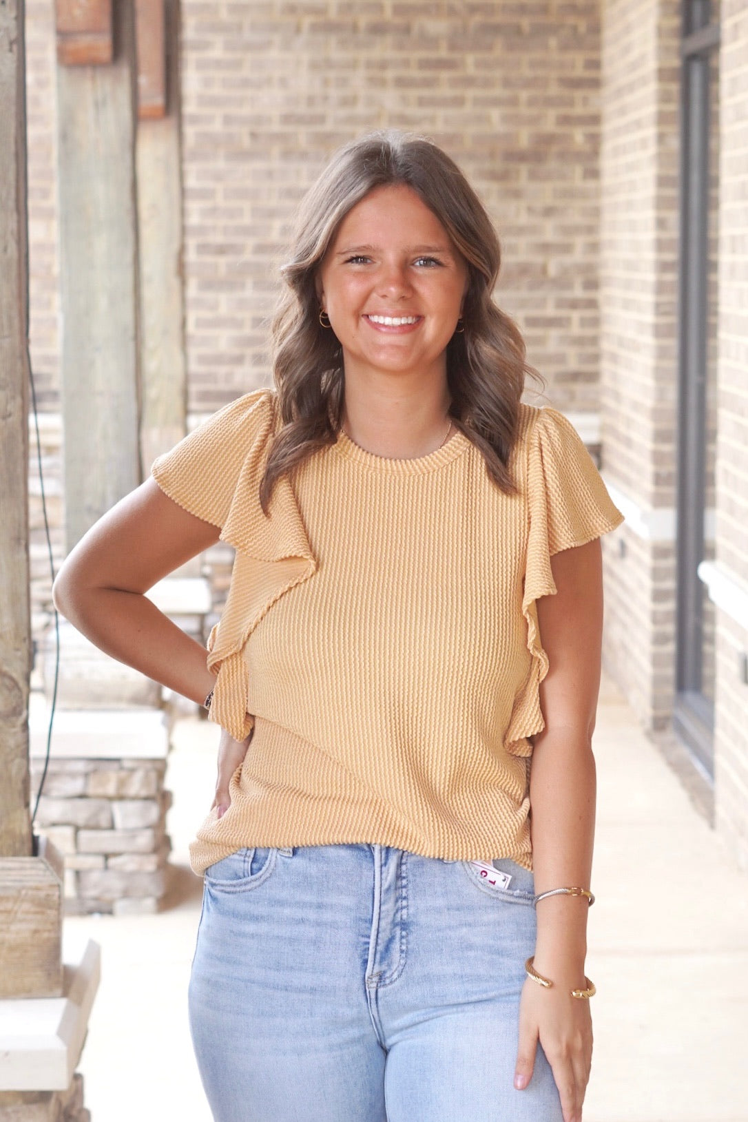 mustard short sleeve top, ruffle sleeve, crew neckline, relaxed fit