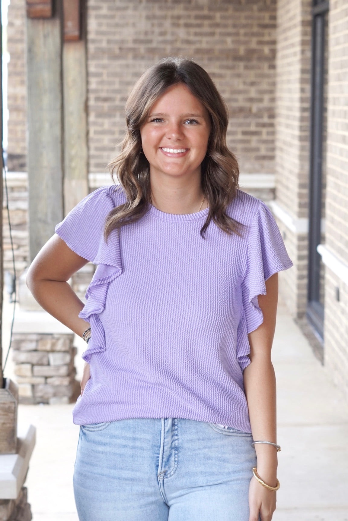 violet short sleeve top, ruffle sleeve, crew neckline, relaxed fit