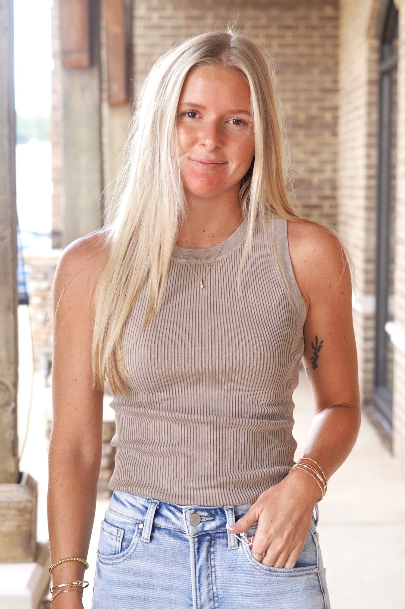 mocha colored ribbed tank top, fitted, cropped