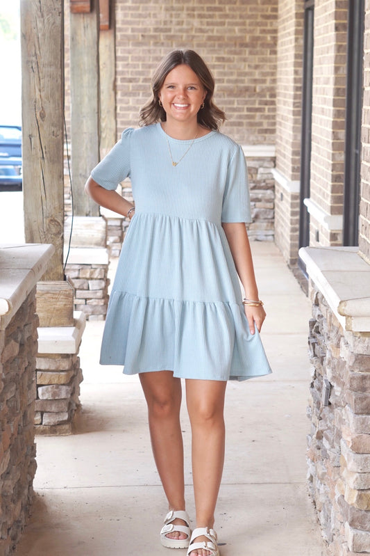 sage colored short sleeve tiered dress, mini dress