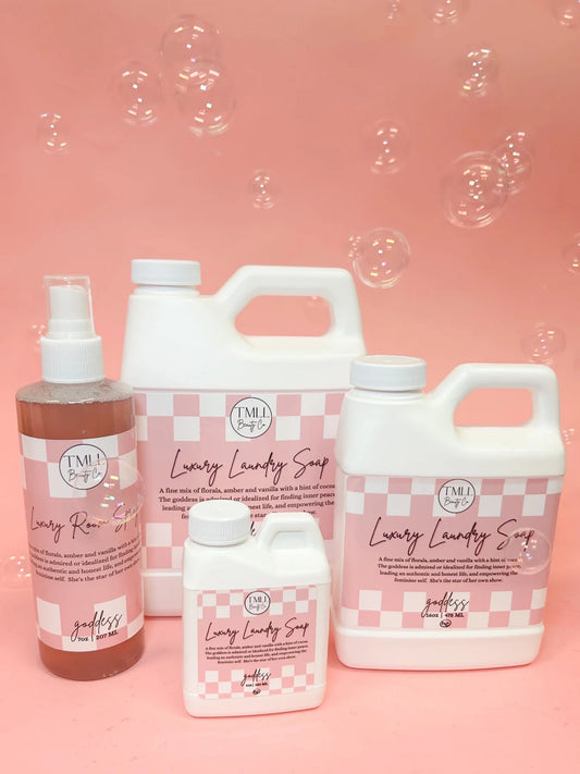 A fine mix of florals, amber and vanilla with a hint of cocoa.  The goddess is admired or idealized for finding inner peace, leading an authentic life and empowering the feminine self. She's the star of her own show.   PHOSPHATE FREE, SULFATE FREE, CHEMICAL FREE, DYE FREE, GENTLE FORMULA for your most prized fabrics and linens.