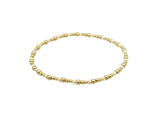 Gold and White Beaded Bracelet, Small White Pearls, Small Gold Beads, Elastic Band, Stretchy Length: 6.5" OR 7", Clasp Length: 6" + 1.5" EXTENSION