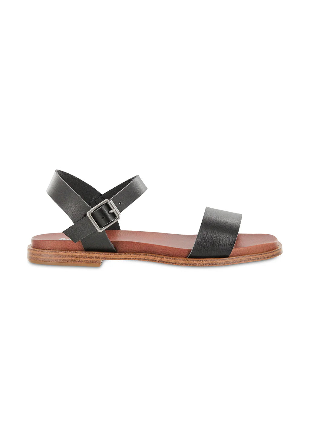 Flat Sandal with Black Ankle and Foot Straps and Silver Buckle