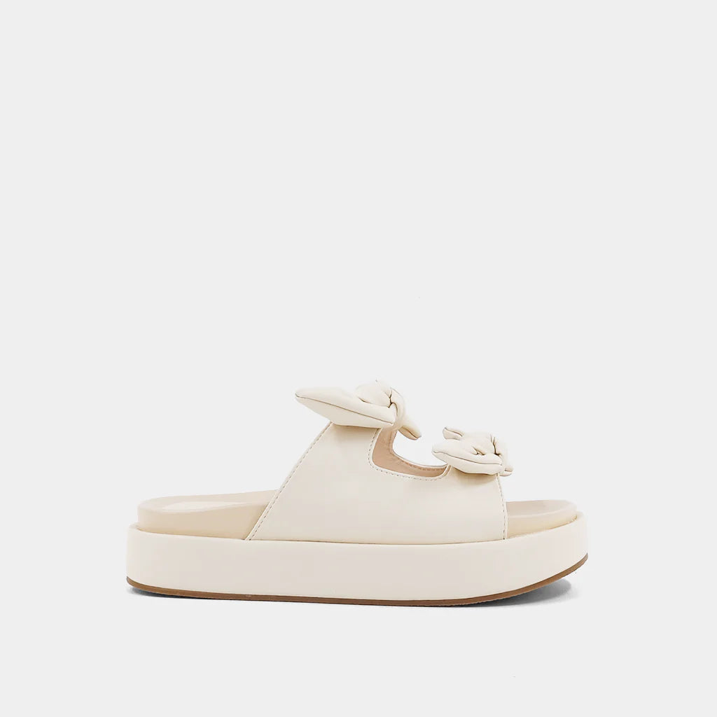 Wedged Platform Sandal, Bone Color, Faux Leather Bow Straps, Open Toed