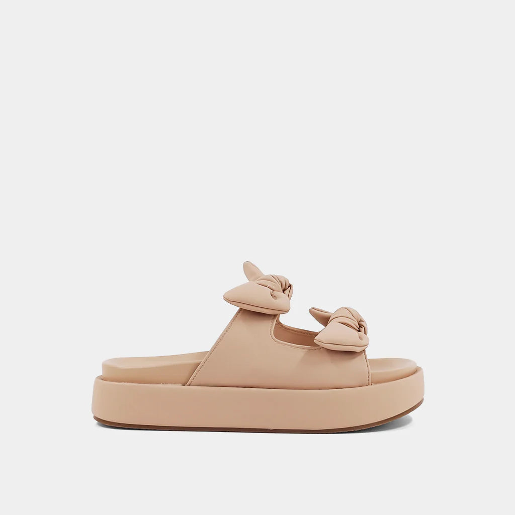 Wedged Platform Sandal, Nude Color, Faux Leather Bow Straps, Open Toed