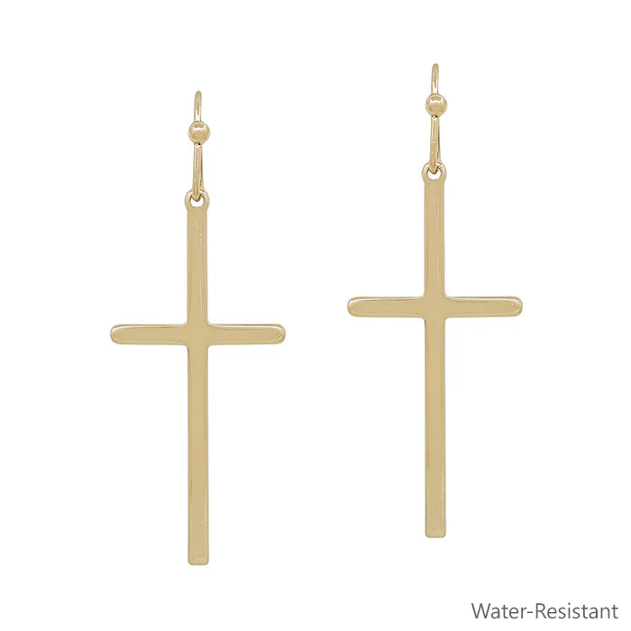 Thin Gold Cross Drop Earring, Water Resistant 