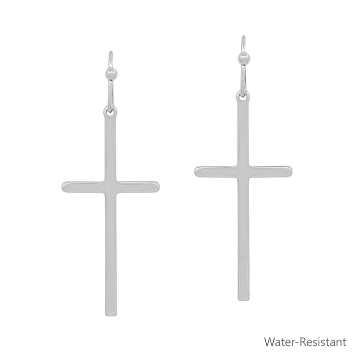 Thin Sliver Cross Drop Earring, Water Resistant 