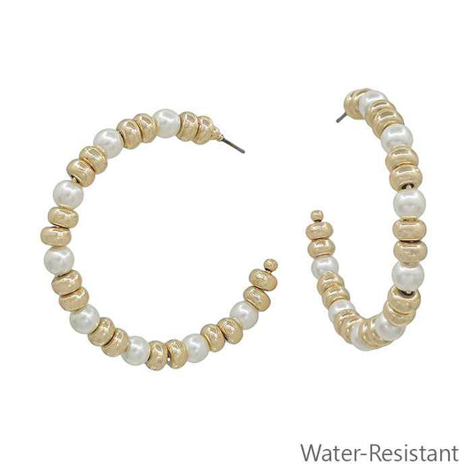 Water Resistant Gold And Pearl Beaded 2" Hoop Earring