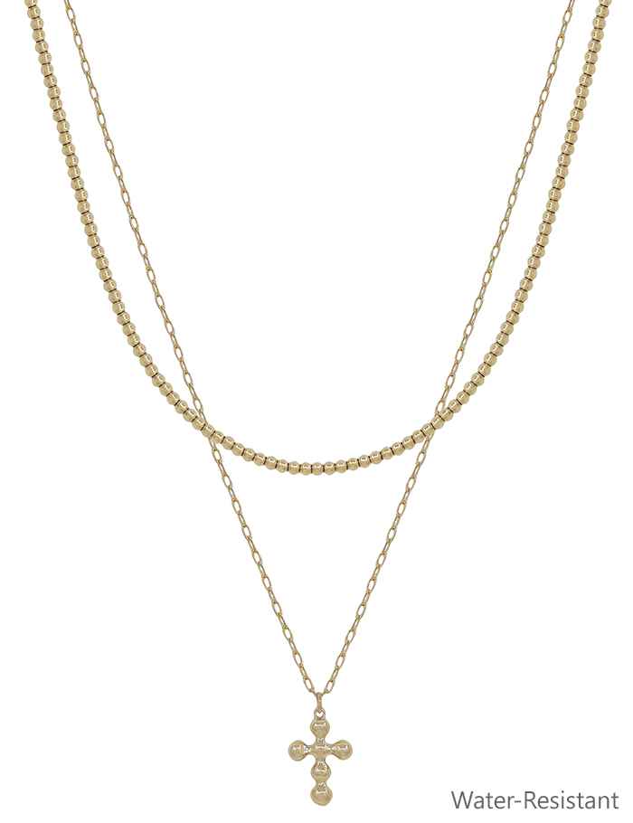 gold two layered necklace, beaded chain, regular chain with a cross