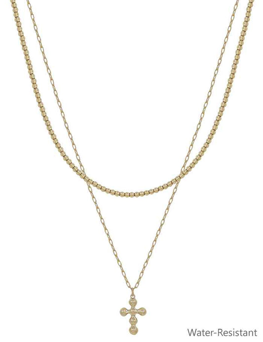 gold two layered necklace, beaded chain, regular chain with a cross