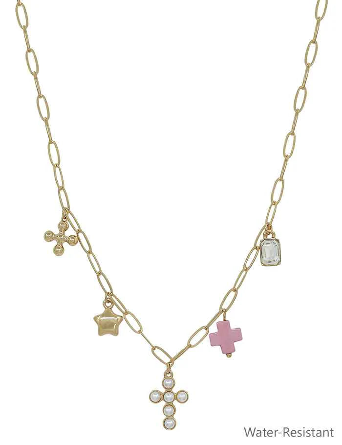chain necklace with cross, star, pearl beaded cross, pink cross, charms 