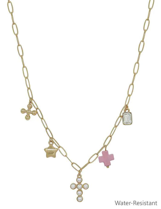 chain necklace with cross, star, pearl beaded cross, pink cross, charms 