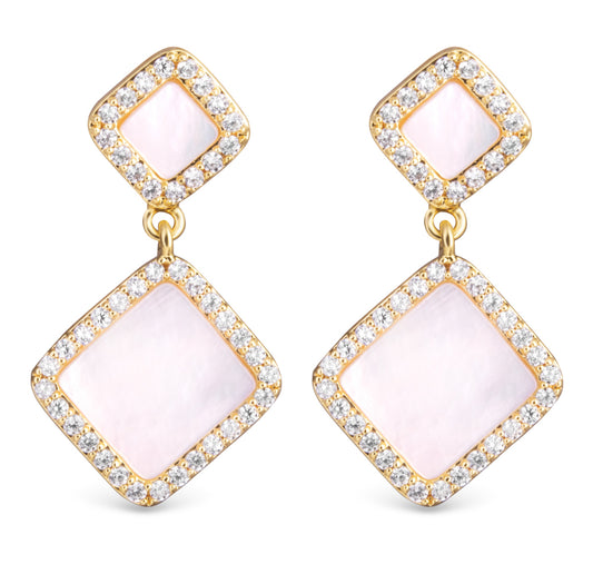 MOP and CZ Double Diamond Shape Droop Earrings