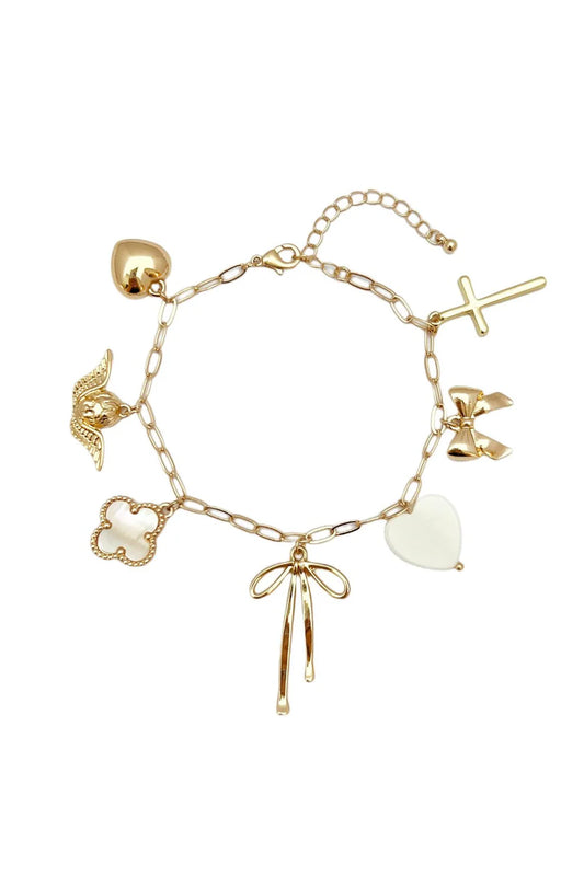 Gold Link Chain Bracelet, Lobster Clasp, Mother of Pearl Clover Charm, Heart Charm, Bow Charm