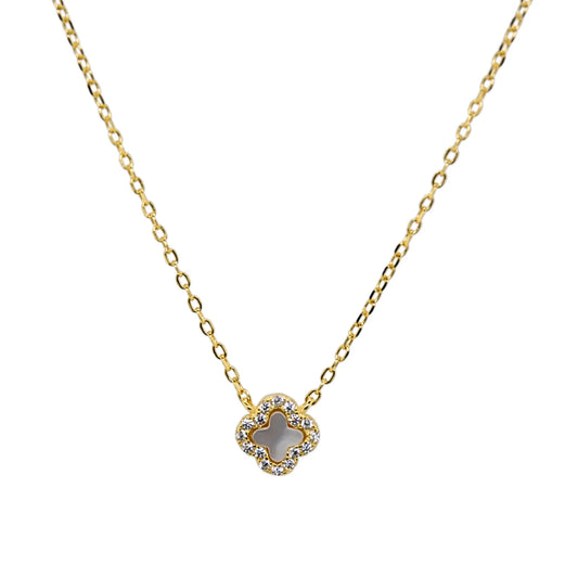 Gold Chain Necklace, Four-Leaf Clover Pendant With A White Center and Small Diamonds Around The Edges, CHAIN LENGTH: 16"