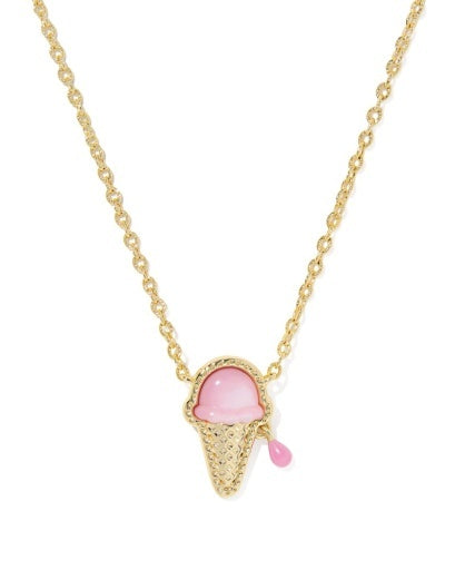 Gold necklace with a pink ice cream cone pendant.