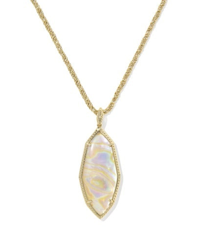  Gold Large Long Pendant with a elongated, Iridescent stone, framed 