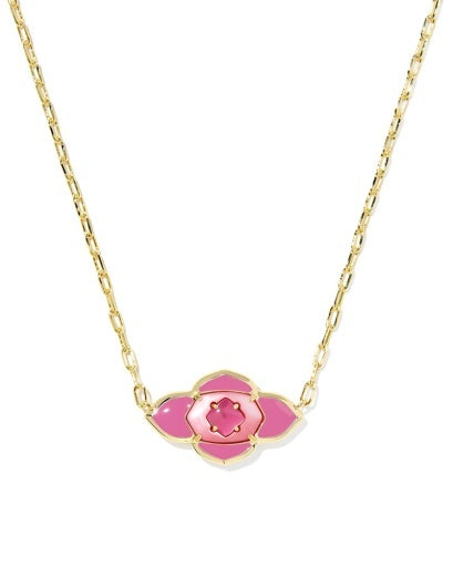 Gold necklace with a hot pink clover pendant with a gold frame in the middle and another small hot pink clover. 