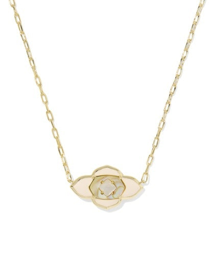 Gold necklace with an ivory clover pendant with a gold frame in the middle and another small ivory clover. 