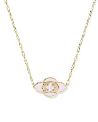 Gold necklace with a pink clover pendant with a gold frame in the middle and another small pink clover. 