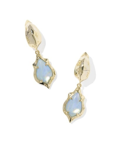 Pair of gold earrings, two teardrop-shaped pendant one textured and the other one with a blue pearl stone.