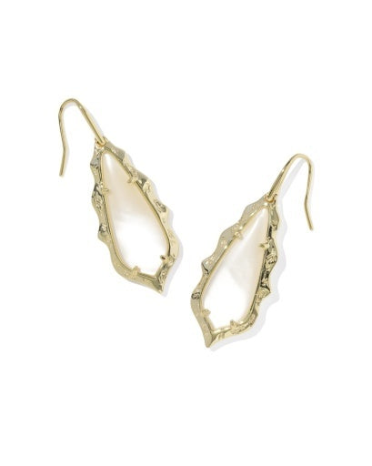 Pair of gold earrings,  teardrop-shaped pendant with scallop frame and mother of the pearl stone.  