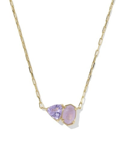 Gold Necklace with Elisa shape and a trillion-cut stone with a purple stones on a dainty chain